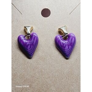 Purple Enamel Heart Shape Stud Earrings Gold Tone Romantic Whimsical